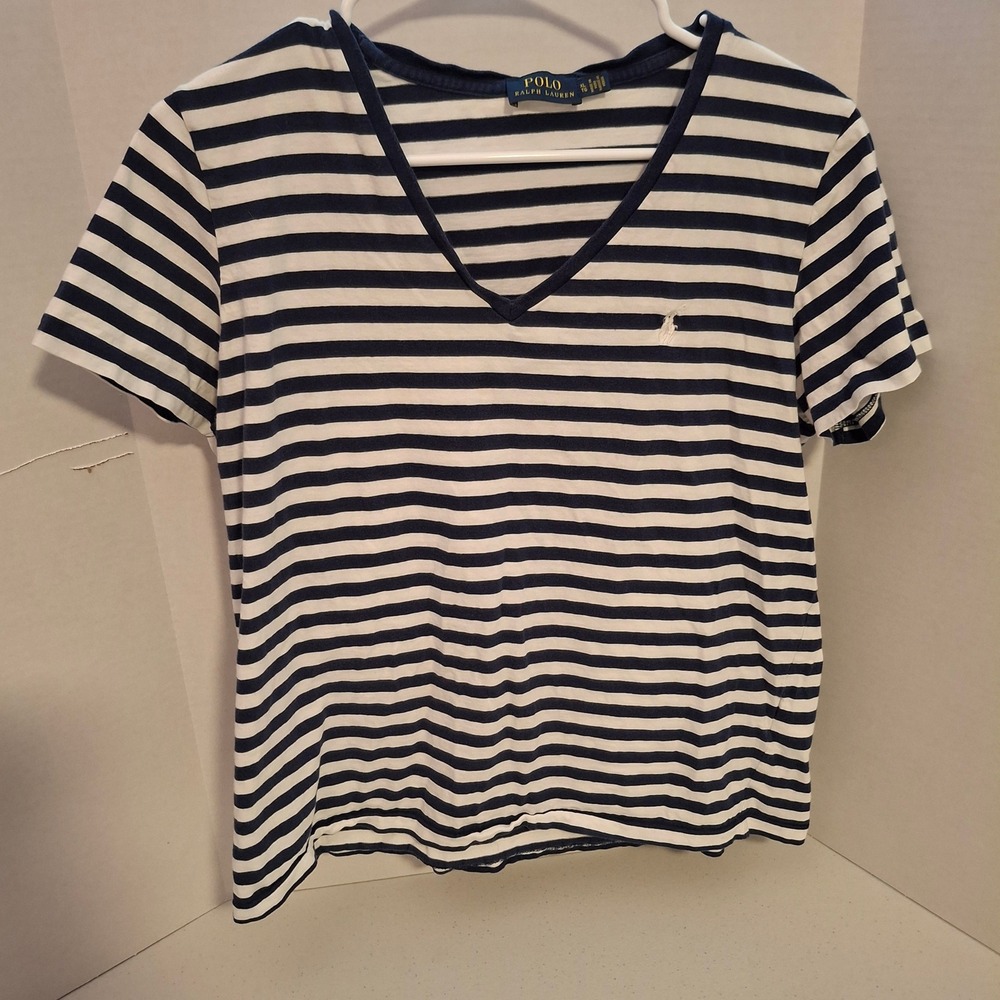 Polo‎ Ralph Lauren Women Nautical Striped V Neck T Shirt XL Navy White Coastal